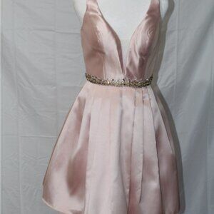 Elegant Pink Satin short Dress with Embellished Waist